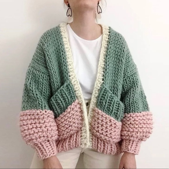 Cardigan sweater boho knit puff sleeve thick chic chunky green pink - Picture 6 of 14